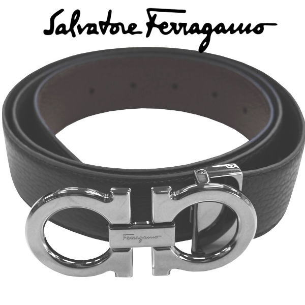サルバトーレ フェラガモ salvatore ferragamo メンズベルト 105cm ブラックアイスバックル  ダブルガンチーニ 型押しブラック ブラック  リバーシブルタイプ 並行輸入品
