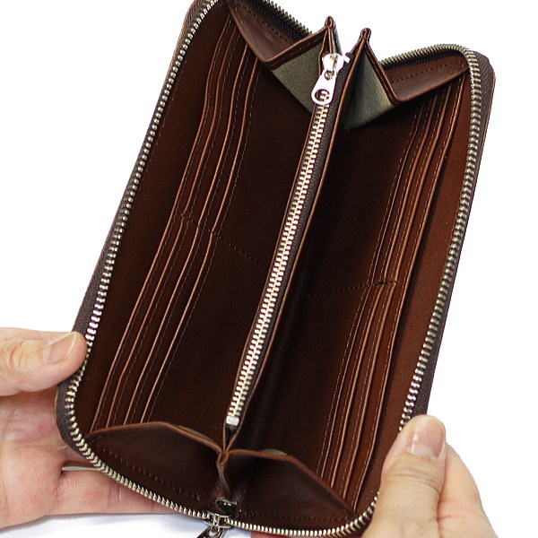 栃木レザー 財布 アミティエ 財布 ブラウン ラウンドファスナー財布