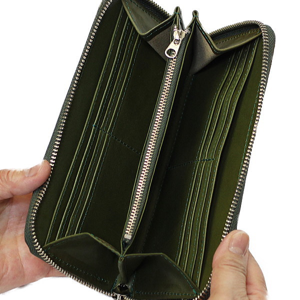 栃木レザー 財布 アミティエ 財布 グリーン ラウンドファスナー財布