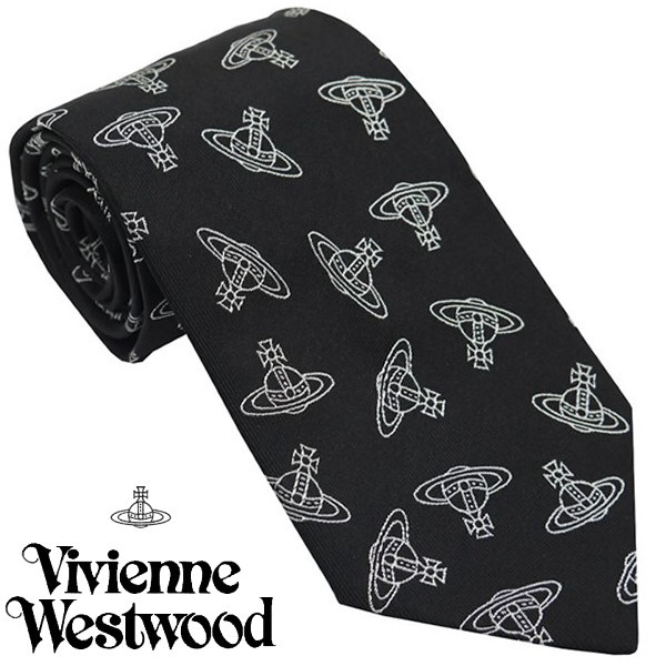 Vivienne Westwood ヴィヴィアン・ウェストウッド ネクタイ クレスト柄 ダークブルー系 イタリー製 シルク100％ 81050004-W0106-N401-BLACK AW24