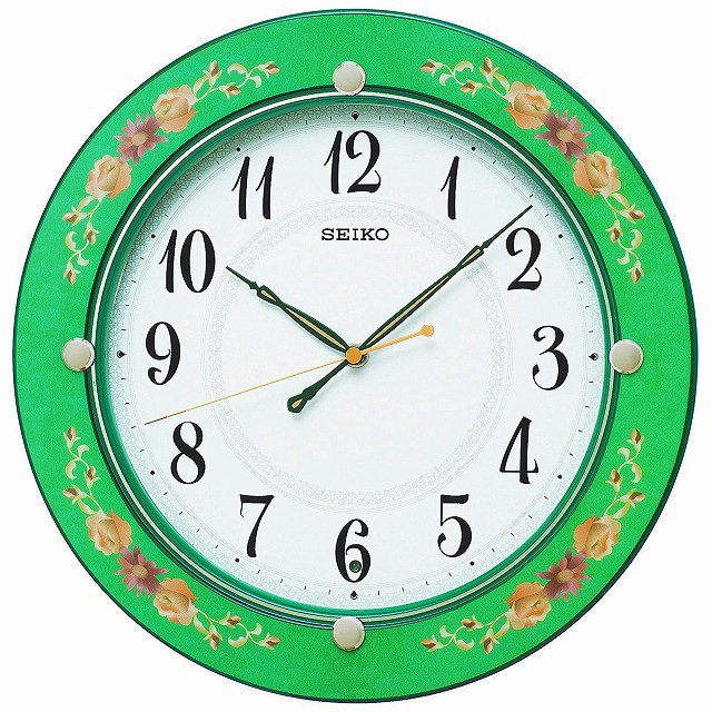 SEIKO CLOCK セイコー クロック 掛け時計 電波 アナログ 木枠 緑花柄