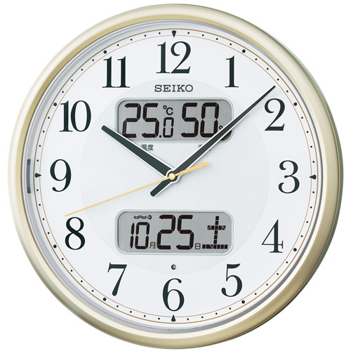 SEIKO CLOCK セイコー クロック 時計 カレンダー温湿度計つき自動点灯アナログ電波掛時計(薄金) KX384S_1
