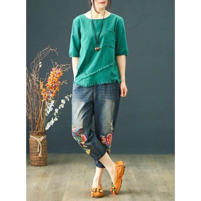 花柄刺繍デニムパンツ レディースデニムクロップドパンツ ジーパン春七分丈ジーンズ夏ダメージパンツ民族風ボトムス ジーンズ二点送料無の通販はau Pay マーケット Grandir