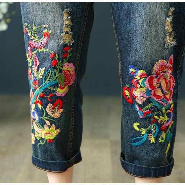 花柄刺繍デニムパンツ レディースデニムクロップドパンツ ジーパン春七