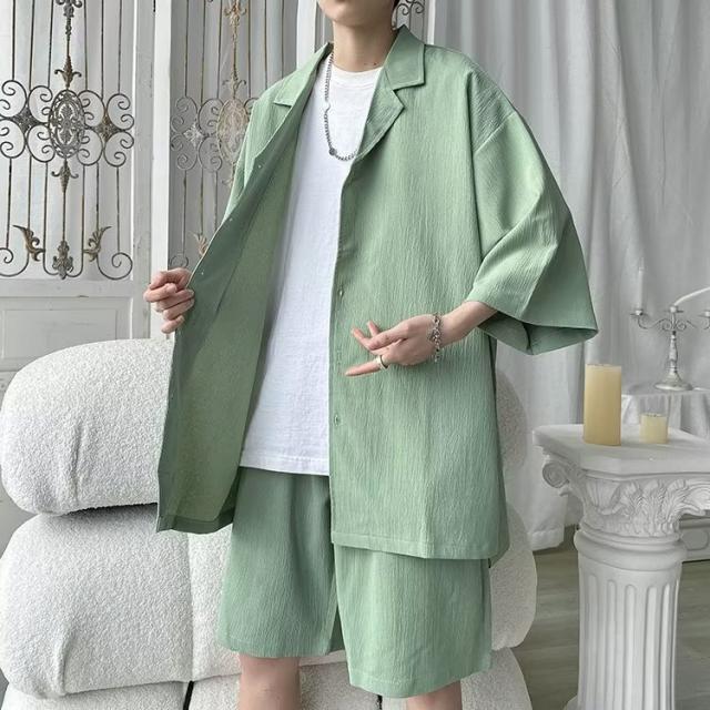 シャツ+ ハーフパンツ メンズ 五分袖 2点セット セットアップ カジュアルシャツ３COLORS 上下セット 開襟シャツ 無地 レイヤード Tシャツ ハーフパンツ 夏 ショートパンツ 半袖Tシャツ スウェット ジャージ 運動着 部屋着 スポーツウェア 速乾 涼感 通気性 パンツ おしゃれ スウェット・ジャージ