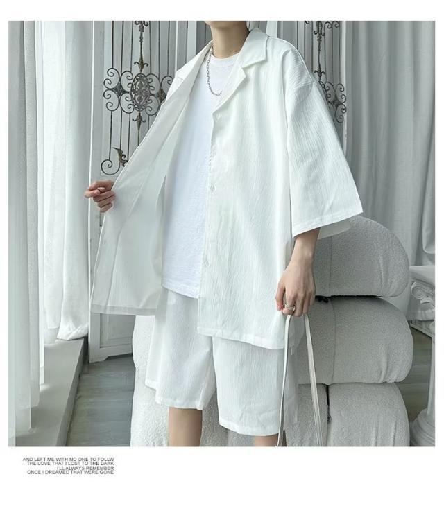 シャツ+ ハーフパンツ メンズ 五分袖 2点セット セットアップ カジュアルシャツ３COLORS 上下セット 開襟シャツ 無地 レイヤード Tシャツ ハーフパンツ 夏 ショートパンツ 半袖Tシャツ スウェット ジャージ 運動着 部屋着 スポーツウェア 速乾 涼感 通気性 パンツ おしゃれ スウェット・ジャージ