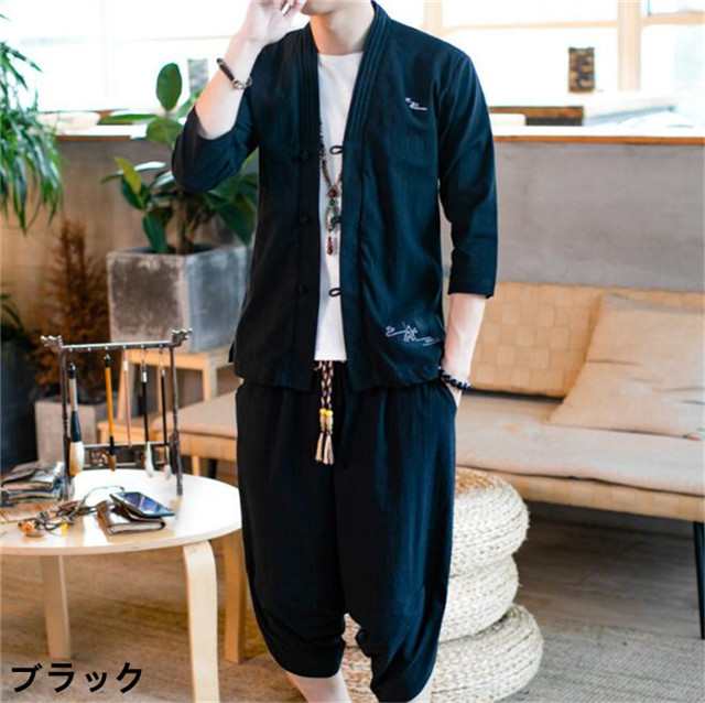 リネンセットアップメンズ カジュアル 和服コート ジャージ 半袖シャツ