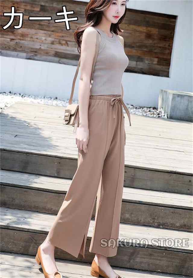 ワイドパンツ レディース ハイウエスト 9分丈 裾スリット リボン