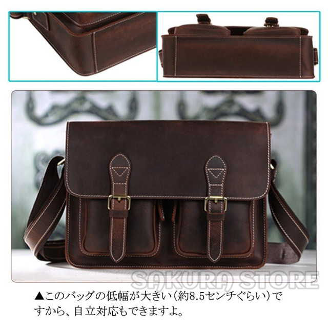 自立可 厚手牛革 本革 メンズ ショルダーバッグ メッセンジャーバッグ A4鞄 ビンテージ 経年変化 ダークブラウン 自立可 厚手牛革 本革 メンズ ショルダーバッグ メッセンジャーバッグ