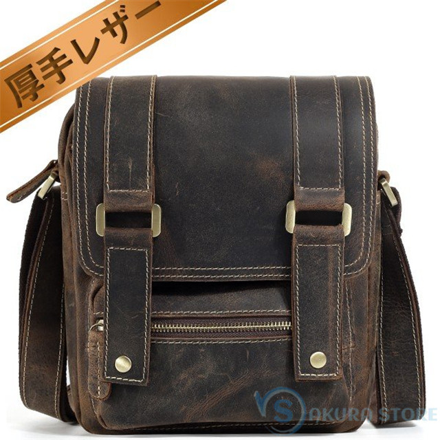 アンティーク 本革 メンズ ショルダーバッグ 斜め掛けバッグ 厚手牛革 ヌメ革 オイルプルアップレザー iPad対応 ブラウン