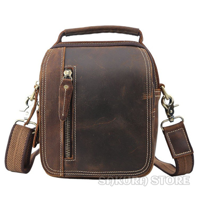 ビンテージ風 ショルダーバッグ メンズ ウエストバッグ 本革 厚手牛革 経年変化 ヌメ革 オイルプルアップレザー カジュアル ブラウンの通販は 7,184円