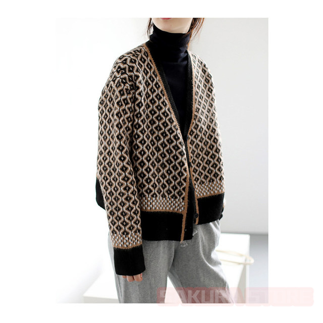 カーディガン レディース 幾何学柄 ジャガードカーディガン 配色ダイス