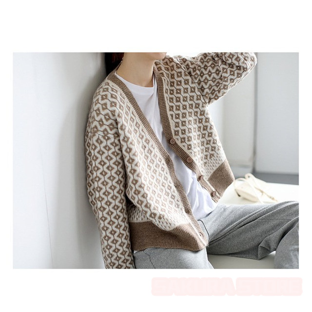カーディガン レディース 幾何学柄 ジャガードカーディガン 配色ダイス