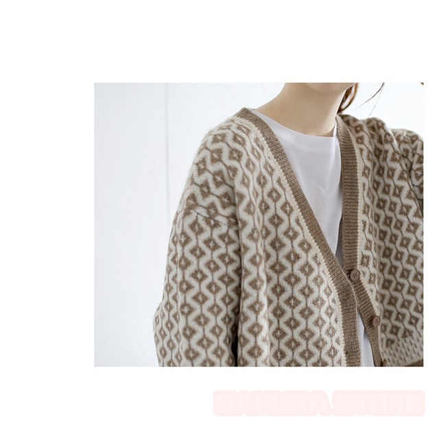カーディガン レディース 幾何学柄 ジャガードカーディガン 配色ダイス