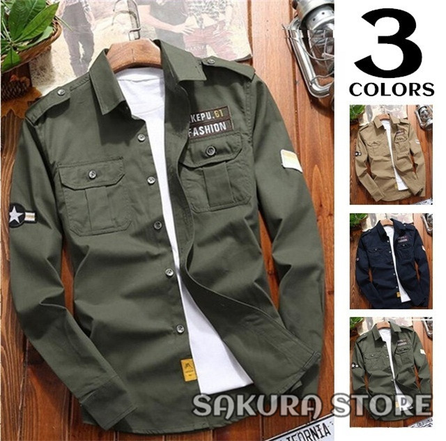リタリーシャツ メンズ 秋新作 長袖シャツ コットン ワークカーゴシャツ スリム アウター 男性着 トップス ジャケット アウトドア 開襟シの通販はau Pay マーケット Sakura Store