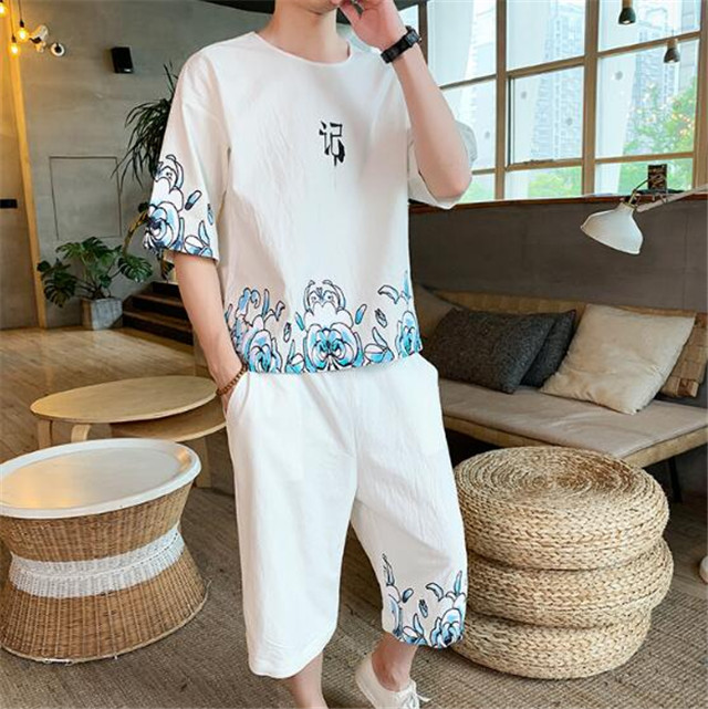 綿麻セットアップメンズ 刺繍スウェットセットアップ ジャージ