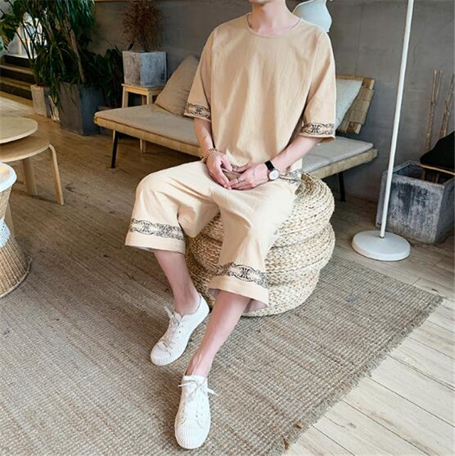 綿麻セットアップメンズ 刺繍スウェットセットアップ ジャージ 半袖シャツ サルエ 綿麻セットアップメンズ 刺繍スウェットセットアップ ジャージ