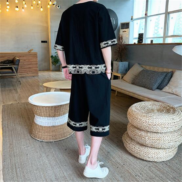 綿麻セットアップメンズ 刺繍スウェットセットアップ ジャージ 半袖