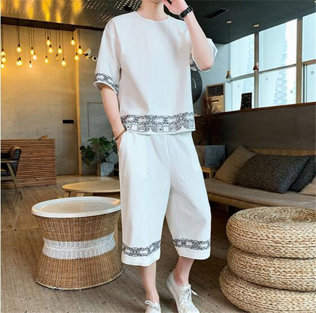 綿麻セットアップメンズ 刺繍スウェットセットアップ ジャージ 半袖シャツ サルエ 綿麻セットアップメンズ 刺繍スウェットセットアップ ジャージ