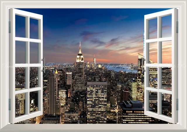 絵画風 壁紙ポスター マンハッタンの夜景 ニューヨークの夕日 窓仕様