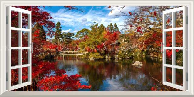 絵画風 壁紙ポスター 紅葉 もみじ イロハモミジ 日本庭園 池 パノラマ