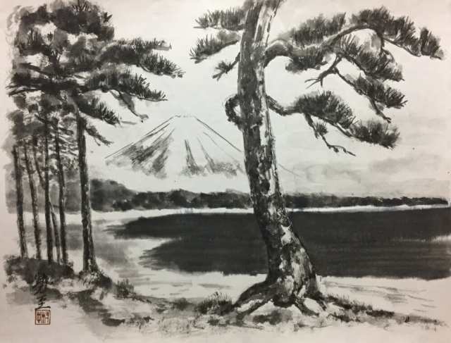 絵画風 壁紙ポスター 三保の松原と富士山 水墨画 墨彩画 K Sbsm 003s1