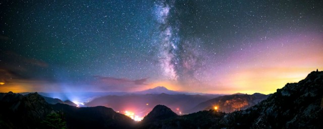 絵画風 壁紙ポスター 天の川銀河と山麓の夜景 ミルキーウェイ 恒星