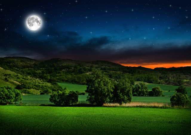 絵画風 壁紙ポスター 草原と星空とスーパームーン 月光 夕焼け 月 満月
