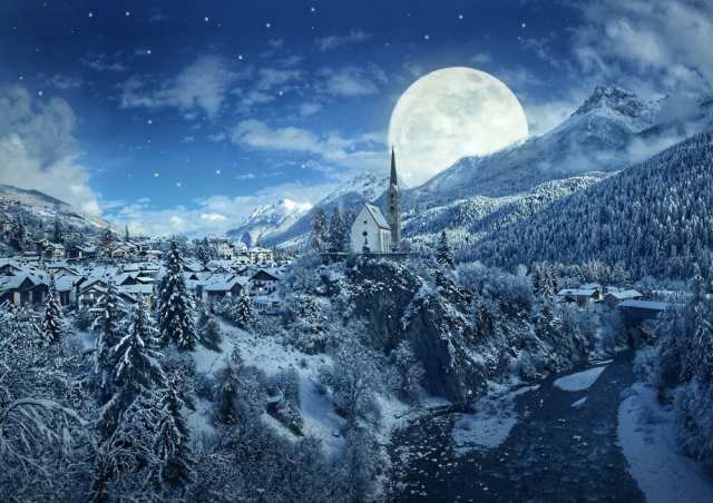 絵画風 壁紙ポスター 銀世界の雪国と幻想的なスーパームーン ホワイト
