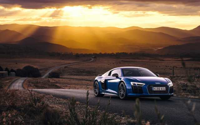絵画風 壁紙ポスター アウディ R8 V10 Plus 2016年 Nブルー Audi 夕陽