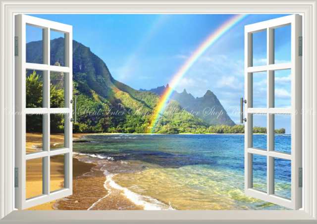絵画風 壁紙ポスター 南国の島とビーチと虹 ハワイ 波 虹 レインボー