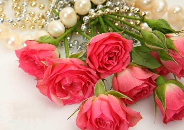 絵画風 壁紙ポスター バラとネックレス 真珠 ピンクパンサー 薔薇 花