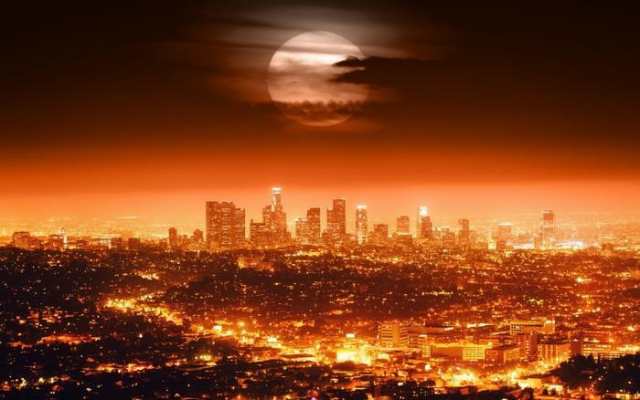 絵画風 壁紙ポスター ロサンゼルス 満月 夕焼け夜景 スーパームーン 月