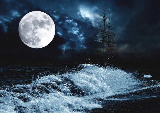 絵画風 壁紙ポスター 満月 スーパームーン Super Luna 帆船と波 天体