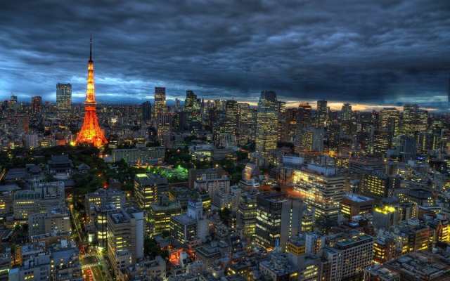 絵画風 壁紙ポスター 東京タワー 夕暮れ 夜景 雷雲 東京ミッドタウン