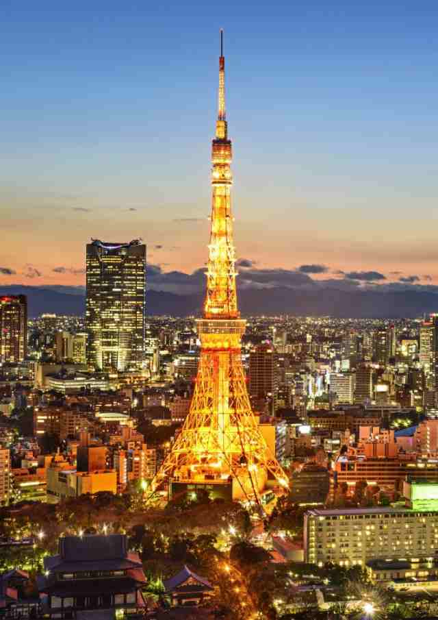 絵画風 壁紙ポスター 夕暮れの東京タワー 夜景 夕焼け 六本木ヒルズ