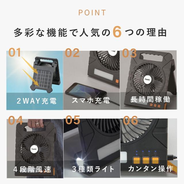 充電式 ソーラーパワフルファン ファミラ アウトドア キャンプ 扇風機 熱中症対策 野外 屋外 旅行 遠出 防災 災害 被災 地震 津波 洪水 大雨 ソーラーファン ポータブルファン LEDライト ソーラーファン 充電式扇風機 防災 多機能扇風機 ポータブルファン ファミリーライフ_2