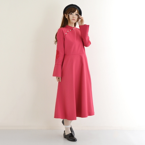 メール便 送料無料 Merlot Plus チャイナ風 刺繍 パールボタン ワンピース ロング丈 長袖 個性的 フェミニン 残りわずか の通販はau Pay マーケット ココナツライト