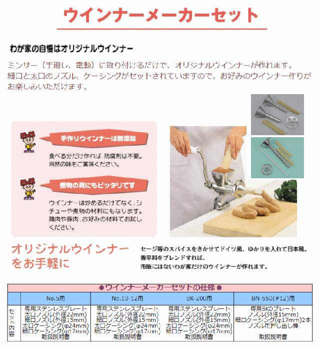 ボニー ウインナーメーカー No.5ミートミンサー用 国内生み出すこと品