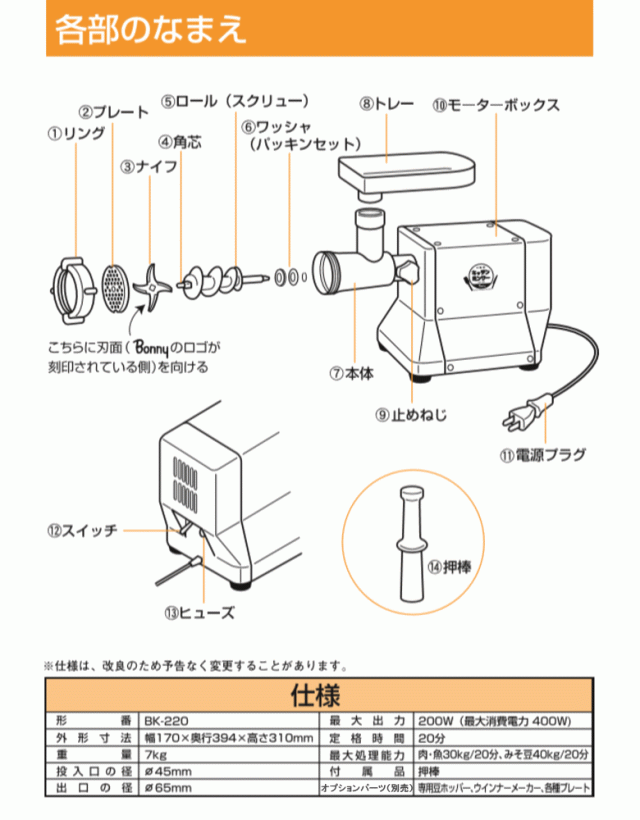 ボニー 電動ミンサー ミンチ機 NEWキッチンミンサー BK-220 （3.2mm 