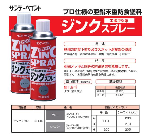 ジンクスプレー 420ml 12本 標準色2色 亜鉛未重防食塗料 サンデーペイント 法人様限定商品_1