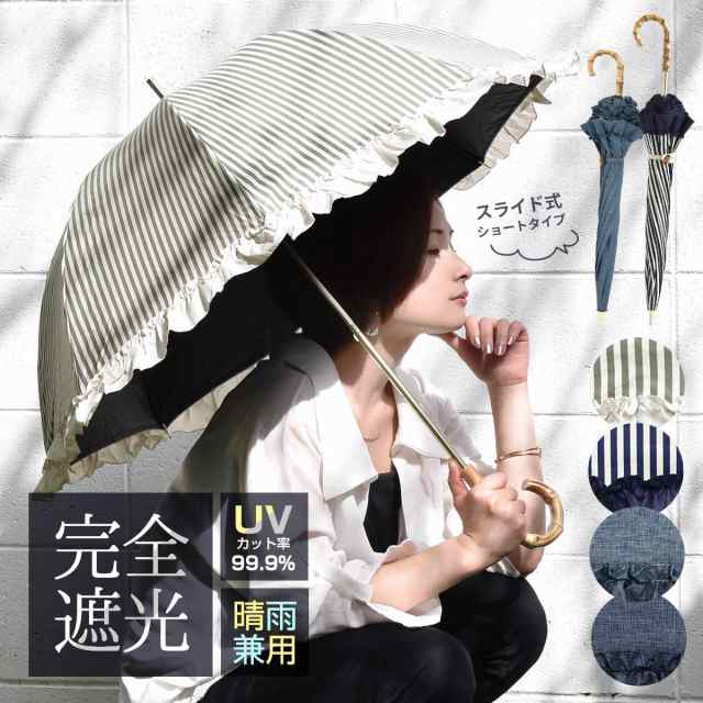 日本公式販売店 日傘 完全遮光 フリル 晴雨兼用 軽量 撥水 バンブー 遮光率100% 遮熱 涼しい かわいい ゴルフ おしゃれ 傘 雨傘 大人 内側  黒 UVカット 遮光率%