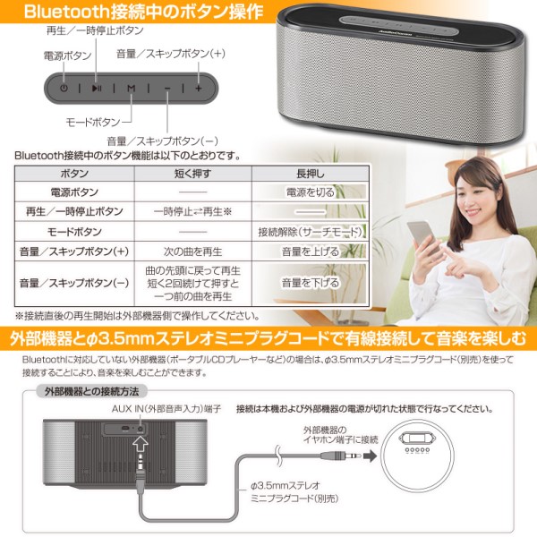 Bluetooth ワイヤレスステレオスピーカー シルバー ポータブルスピーカー AudioComm OHM 03-2194 ASP-W720N iPhone スマホ タブレット対応 コンパクトスピーカー 送料無料_4