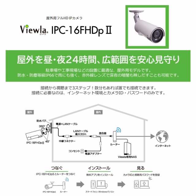 ソリッドカメラ 屋外用 セキュリティカメラ フルHD 防水 IP66 IPカメラ 防犯カメラ Viewla IPC-16FHDP2  送料無料の通販はau PAY マーケット - スリーエーダイレクト auPAYマーケット店 | au PAY マーケット－通販サイト