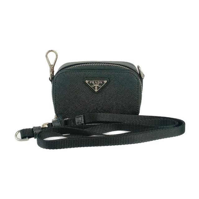 超美品 PRADA プラダ ショルダーポーチ サフィアーノ トラベル ミニポーチ 2TT105 ブラック シルバー金具 レザー ユニセックス ミニバッグ【本物保証】