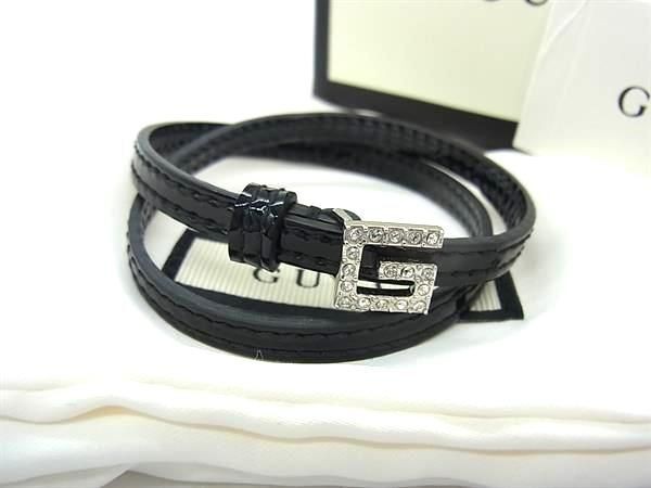 GUCCI グッチ ブレスレット Gロゴ ブラック系 パテントレザー レディース ラインストーン 2連 シルバー金具 超美品【本物保証】