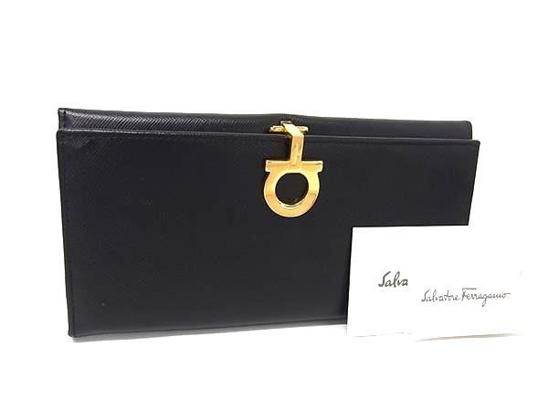 Salvatore Ferragamo フェラガモ 長財布 ガンチーニ 22 0120 ブラック系 カーフレザー レディース ゴールド金具 二つ折り財布 超美品【本物保証】
