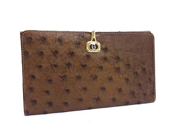 GUCCI グッチ 財布 オールドグッチ 035 001 0091 ブラウン オーストリッチ ユニセックス ロゴクリップ 二つ折り 長財布 ゴールド金具【本物保証】