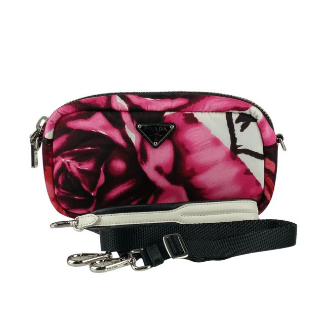 PRADA プラダ ショルダーバッグ 2WAY クロスボディバッグ 1DH046 ピンク ナイロン レディース リストレット ポーチ シルバー金具 三角ロゴプレート 花柄 超美品【本物保証】