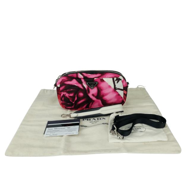 PRADA プラダ ショルダーバッグ 2WAY クロスボディバッグ 1DH046 ピンク ナイロン レディース リストレット ポーチ シルバー金具 三角ロゴプレート 花柄 超美品【本物保証】_9